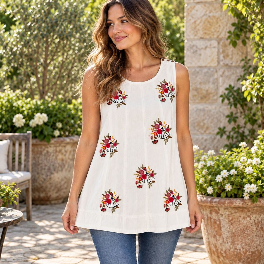 Free People Ivory Floral Embroidered Sleeveless Swing Tunic Top Women’s M
